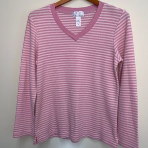Oscar de la Renta Pink Striped V-Neck Sweater